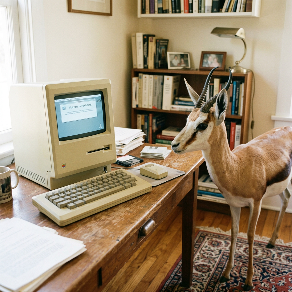 Antelope standing beside a wooden desk with a vintage Macintosh computer